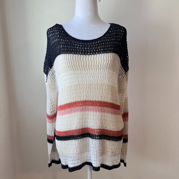 ✨Laura Nautical Open Weave Knit Sweater Quiet Luxury Crochet Top Size L✨ - Picture 2 of 16